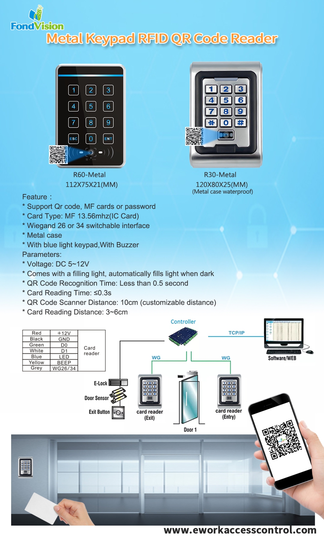 Metal Keypad RFID QR Code Reader